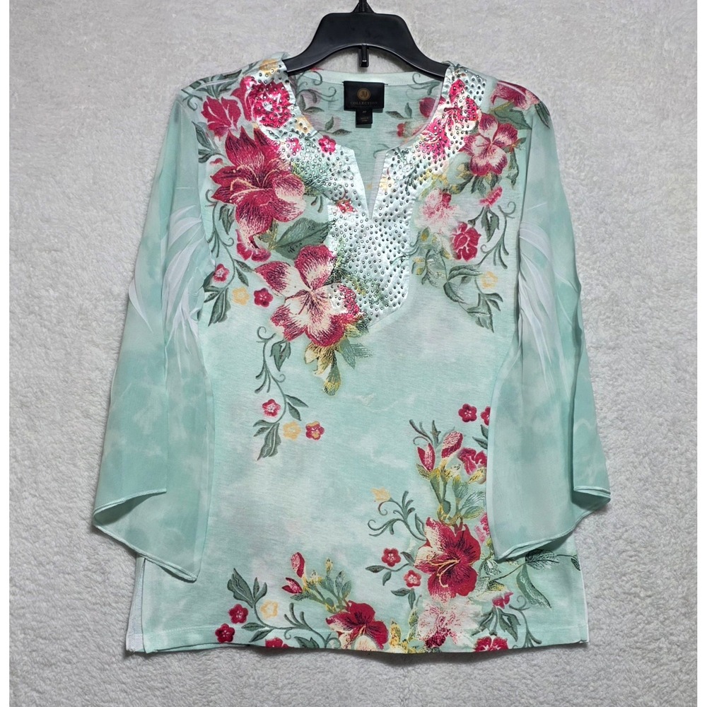 JM Collection Petite Floral Tunic Mint Green Sequin Split Neck Bell Sleeve PP